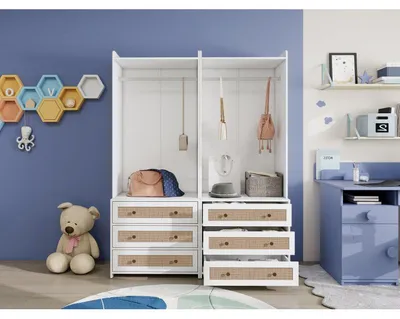 Produktbild von Boho-Schrank in Weiß mit Rattan-Akzenten, 3 Schubladen, Kleiderstange und Melaminbeschichtung - 70x48x180 cm