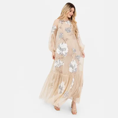 Produktbild von Maya Deluxe Damen Maxikleid, lange Ärmel, Boot-Ausschnitt, durchsichtige Tüllstoff, Blumenmuster