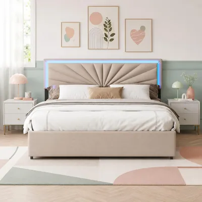 Zdjęcie produktu dla Łóżko podwójne INONEFT, łóżko tapicerowane 160x200 cm, łóżko z pojemnikiem na pościel i 4 szufladami, łóżko młodzieżowe z elastycznym stelażem, regulowane zagłówek z podświetleniem LED, kolor: beżowy