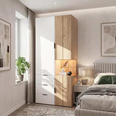 Immagine prodotto di Armadio con aste appendiabiti, cabodino con illuminazione a LED e cassetti, mobile alto con ante, 90x49x200 cm, bianco e legno naturale, Immagine generata dall'IA