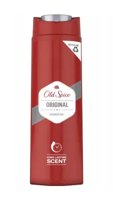 A red bottle of Old Spice Original Shower Gel is shown against a white background.