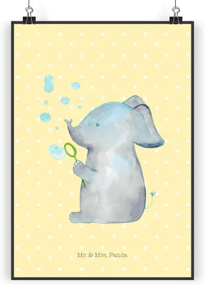 Produktbild von Mr. & Mrs. Panda Bild Elefant Seifenblasen DIN A5 - Gelb Pastell - Geschenk, Posterdruck, Heimat, Wandbild, wanddeko, Elefanten, drucke, Rüsseltier, Liebe, Liebesspruch