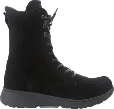 A black suede boot is shown against a white background.