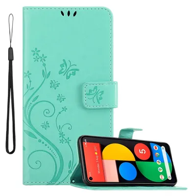 Produktbild von Cadorabo Hülle für Google PIXEL 5 in FLORAL TÜRKIS Schutzhülle im Blumen Design mit Magnetverschluss, Standfunktion und Kartenfächern Flip Case Flower Cover Etui Handy Klapp Hülle Book Tasche