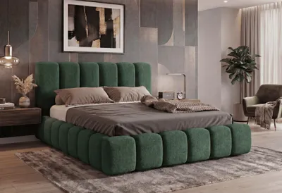 Produktbild von LUXKOR24 Polsterbett VELORA 200x200cm mit Bettkasten & Metallgestell - Bouclé Stoff GRÜN GERRA