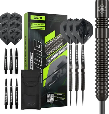 Produktbild von KOTO – Sting Black Straight Dartpfeile Tungsten 90%, 25 G, Schwarz, Mit 6 Flights, Shafts und Wallet, Steeldarts, Darts profi Set, 3 Dart pfeile