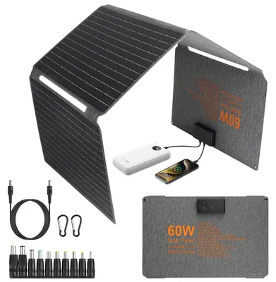 Imagen del producto de Panel solar plegable y portátil de 60W, con células de silicio monocristalino, resistente al agua, ideal para uso en exteriores
