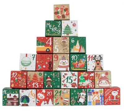 Produktbild von Adventskalender zum Befüllen 24 Schachteln Weihnachtsmotive 7x7x7 cm bunt