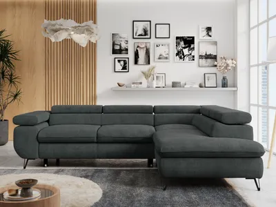 Produktbild von Ecksofa Sofa Grau, Wohnlandschaft L-Form mit Schlaffunktion und Bettkasten, Schlafsofa mit Bettkasten, Sofa mit Einstellbare Kopfstützen, Peter L - Dunkelgrau Struktur - Rechts Grau