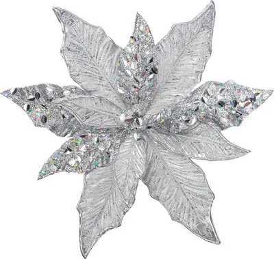 Immagine prodotto di Fiori di poinsettia in plastica lucida argento - Decorazioni artificiali per l'albero di Natale - 12 pollici (30 cm) - 4 pezzi