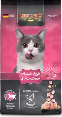 A bag of Leonardo cat food with a picture of a cat on the front.