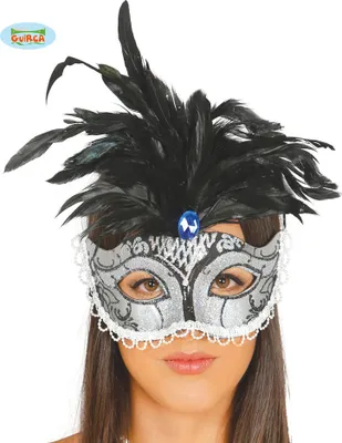Produktbild von Venezianische Maske in silber mit schwarzen Federn