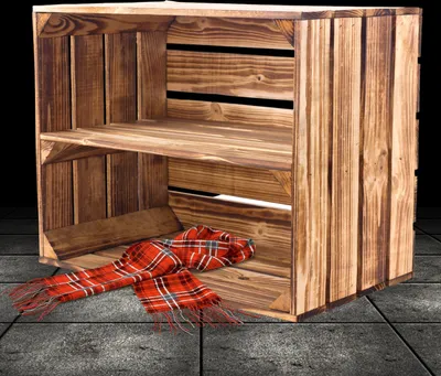 Produktbild von Geflammte Holzkiste mit Mittelbrett -längst- Neue Obstkiste im Vintage Look mit Regalbrett flambiert - Schuhregal Bücherregal Obstkistenregal Regal Regalkiste 50x40x30 cm