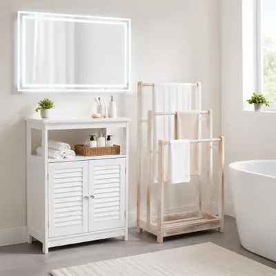 Obrázek produktu pro Sada do koupelny LED Spa (3dílná) – bílá skříňka, zrcadlo s dvojitým osvětlením o rozměrech 80 × 60 a dřevěný věšák na ručníky
