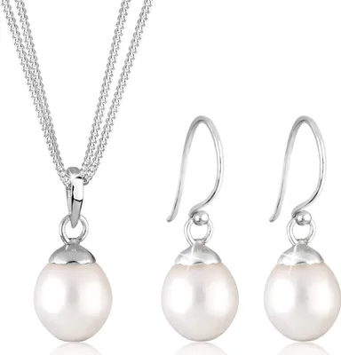 Produktbild von ELLI Damen Schmuckset: Zweireihige Süßwasserperlenkette & passende Ohrhänger, 925 Sterling Silber rhodiniert, elegant