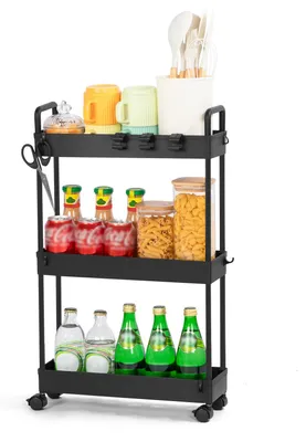 Produktbild von Küchenwagen mit 3 Ebenen, Nischenregal auf Rollen, 38,8 x 12,5 x 65 cm, schwarz, für kleine Räume
