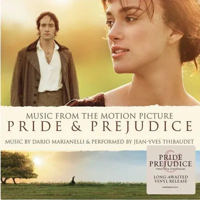 Cover art for the Pride & Prejudice movie soundtrack, featuring the main actors and a landscape scene.