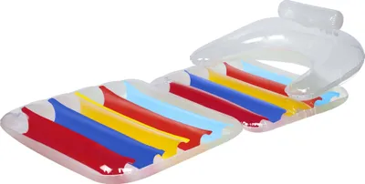 Produktbild von Haushalt International, Verwandlungsfähiger 2-in-1 Luftsessel & Luftmatratze, aufblasbar, mit Rückenlehne, Kopfstütze & Armlehnen, Vinyl, bunt-transparent, für 1 Person bis 120 kg, inkl. Flicken. Maße: Liege ca. 180x79x51 cm, Sessel ca. 77x79x61 cm