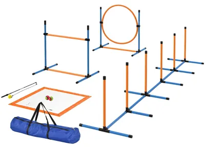 Immagine prodotto di Kit per agility per cani – 7 pezzi per l'addestramento canino | Colore: arancione, blu | Dimensioni: 72x93x92 cm