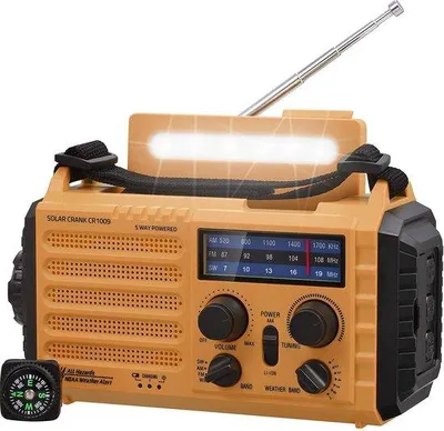 Zdjęcie produktu dla Przenośne radio awaryjne Unyqoos® z ładowaniem solarnym i korbką, powerbank 5000 mAh, radio AM/FM/SW, latarka LED 3W, lampka do czytania z 6 diodami LED, alarm SOS, kompas