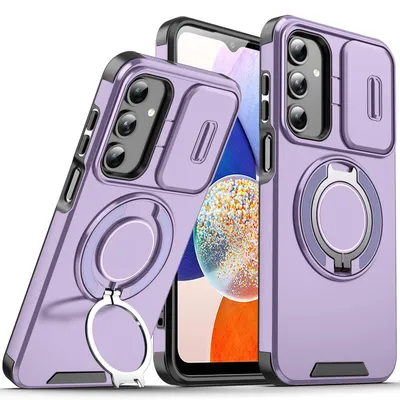 Obrázek produktu pro Dvouvrstvé pouzdro pro Samsung Galaxy A14 5G/4G, s posuvným krytem fotoaparátu a magnetickým kroužkovým stojánkem Fialová
