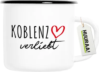 Produktbild von Huuraa Emaille Tasse Koblenz verliebt 300ml Vintage Campingbecher Geschenkidee