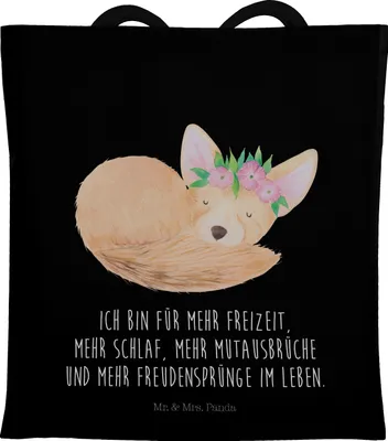 Produktbild von Mr. & Mrs. Panda Schultasche Wüstenfuchs Blumen - Schwarz - Geschenk, Afrika, Jutebeutel, Tote Bag, Glücklich, totebag, Tasche, Blumenkranz, dokumententasche, Wüste