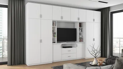 Produktbild von Meblast | Dako 3-teilige Schrankwand 380x240x54 cm - Wohnwand mit TV-Schrank, Wandregal & Einlegeböden | Weiß, Modernes Design, Schubladen, Kleiderstange