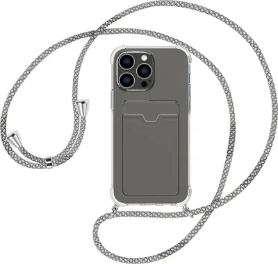 Produktbild von Handykette Backcover-Schutzhülle mit Band (Metall silberfarben) für Apple iPhone 15 Pro Max - weiß/grau kariert