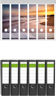 Produktbild von Wallario 6 Stück breite Ordner inkl. Klebeetiketten mit Motive Sonnenuntergang am Strand - Abendspaziergang -  Set mit Rückenschildern / Ordnerrücken Stickern