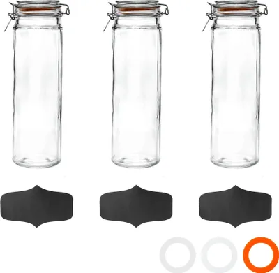 Produktbild von Glas-Spaghettiglas mit Etiketten – 2 Liter – orangefarbenes Siegel – 3er-Pack