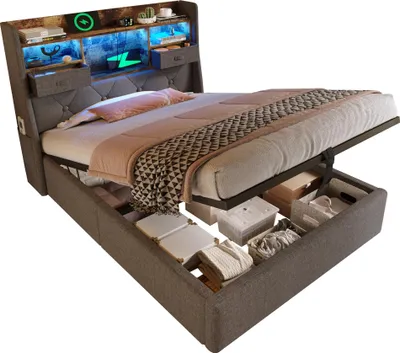 Produktbild von Polsterbett 90x200 cm, Grau, mit LED, USB, Hydraulikstauraum, ohne Matratze, Leinen