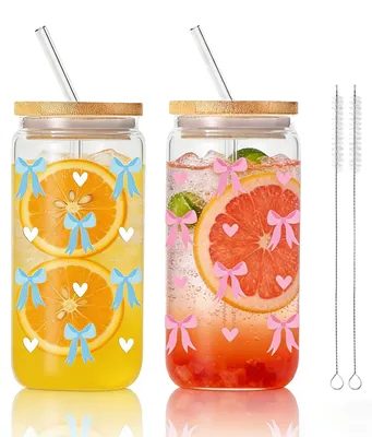 2er-Set Borosilikatgläser 500 ml mit Deckel & Strohhalm