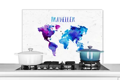 Obrázok produktu pre MuchoWow® Splashback Kuchyňa - Kuchynský backsplash - Ochrana steny pre sporák a drez Mapa sveta - Príslovia - Vodové farby 90x60cm Alu-Dibond