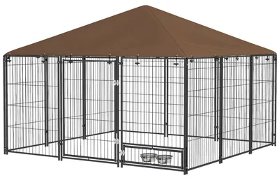 Produktbild von Hundelaufstall aus Metall und Oxford-Gewebe mit Futternapftš¹r, 211 x 141 x 151 cm, Schwarz und Braun