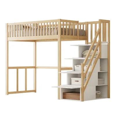 Produktbild von Hochbett,Kinderbett(natur)Holzbett,mit Sicherheits-Aufbewahrungsleiter,Bettgestell aus massivem Kiefernholz für Kinder und Jugendliche
