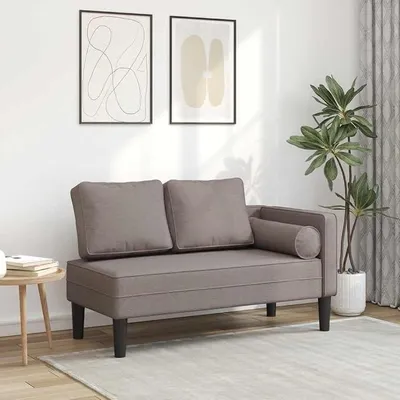 Produktbild von Chaiselongue mit Kissen Taupe Stoff 116,5x62x57,5 cm, Recamiere mit Polsterung und Holzgestell, Relaxliege für Wohnzimmer, Schlafzimmer, Gästezimmer, komfortable Ruheliege mit Kopfstütze