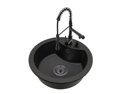 Produktbild von Granit Küchenspüle Einbauspüle 1 Becken MILA mit Abtropffläche + Küchenarmatur Duo Schwarz + Siphon Schwarz + Seifenspender Komplettset