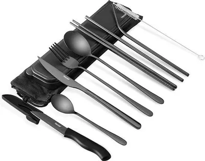 Imagen del producto de Conjunto de cubiertos Famanu, de 11 piezas, reutilizable, de acero inoxidable, color , con caja para picnic