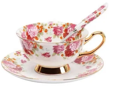 Immagine prodotto di Set da tè e sottotazza in Vetroceramica, piccoli fiori, 200 ml, bordo dorato, set da 2 pezzi