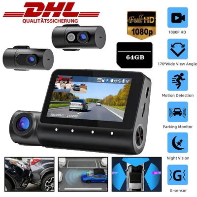 Produktbild von 3-Kanal-Dashcam, 4K+1080P+1080P Dashcam Auto Vorne Innen Hinten mit 64GB SD Karte, 5GHz WiFi, 3" IPS-Bildschirm