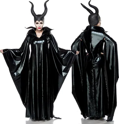 A woman wearing a Maleficent-style costume, shown from the front and back.