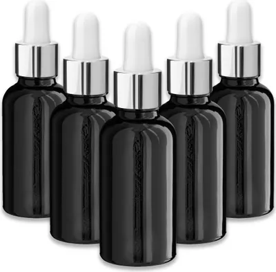 Produktbild von 5x Schwarze Glasflasche 30 ml mit silberner Pipette Tropfflasche Set