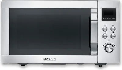 A front view of a silver and black microwave oven.
