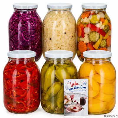 Produktbild von 6er Set Einmachglas 3L Vorratsglas TO100 Deckel weiß Rezeptheft