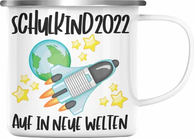 Produktbild von Trendation - Schulkind 2022 Einschulung Mädchen Junge Geschenk Schultüte Emaille Tasse Schulstart 1 Schultag Schuleinführung Schulanfang Geschenkidee Lustig (Silber)
