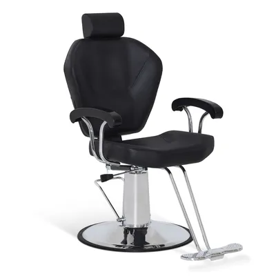 A black barber chair with a chrome base and footrest.