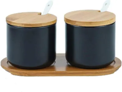 Produktbild von Keramik Gewürzdosen Set mit Bambusdeckel und Löffel 260ml