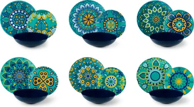 Six sets of plates and bowls are arranged in two rows of three.