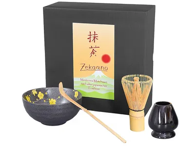 Produktbild von Matcha Set / Matchaset / Matcha Schale 250ml, anthrazit/gelb, mit Besen/Löffel/Halter in Geschenkbox